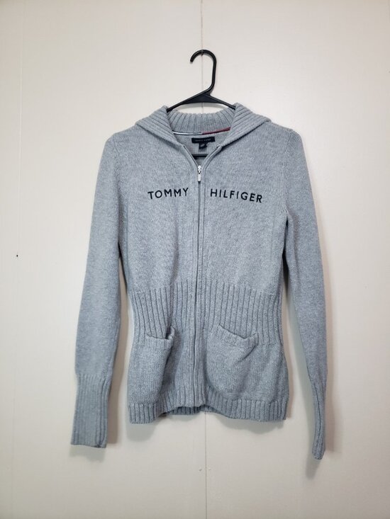 Tommy Hilfiger Sweaters - Tommy Hilfiger Womens S Sweater Gray Full Zip 100% Cotton Ribbed Spell Out Logo